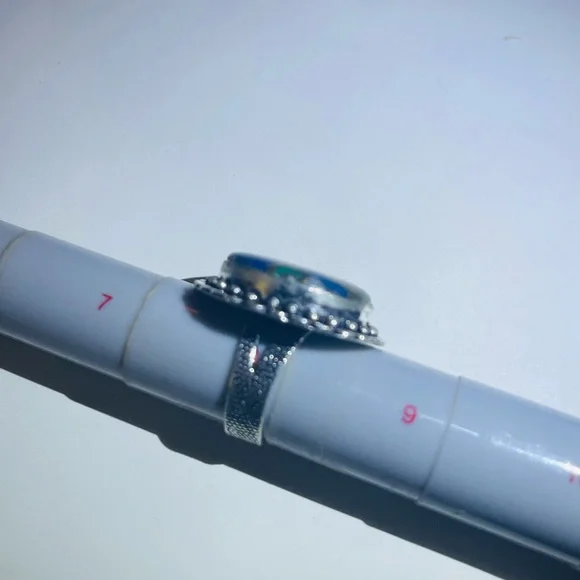 New Artisan Blue Green Natural Azurite Stone 925 Sterling Silver Circle Ring - Picture 5 of 15